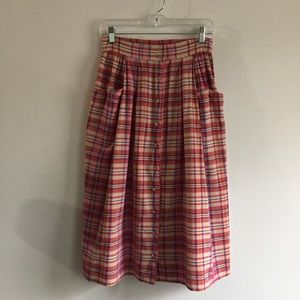 Vintage Madras Plaid Button A-line Midi Skirt